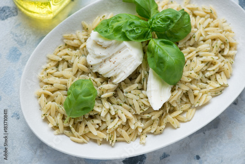 Orzo with basil oil, torn mozzarella cheese and fresh green basil on a white plate, horizontal shot, middle closeup