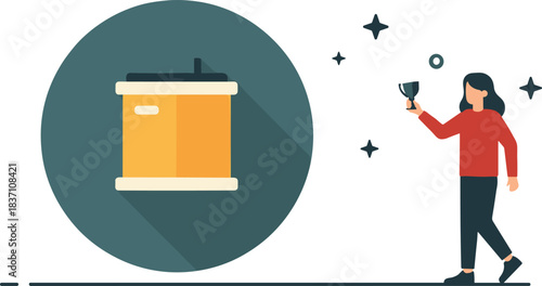 Flat vector design icon of woman toasting next to large battery storage container symbolizing energy success and power celebration.
