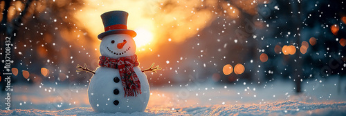 Cheerful snowman stands in winter scene at sunset Generative AI