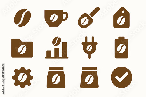 Scoop spoon roasted tag vector folder icon grid cup coffee bean checkmark