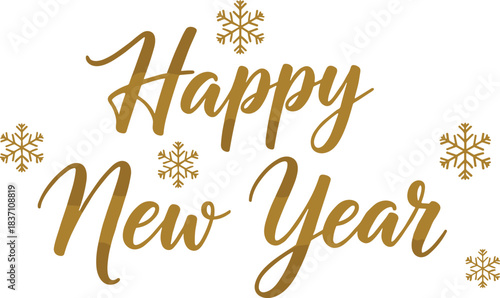 Elegant gold script typography of happy new year greeting text with decorative snowflakes for winter holiday celebration design.
