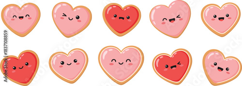 Cute pink and red cartoon kawaii heart shaped cookies character set with different facial expressions for valentine's day.