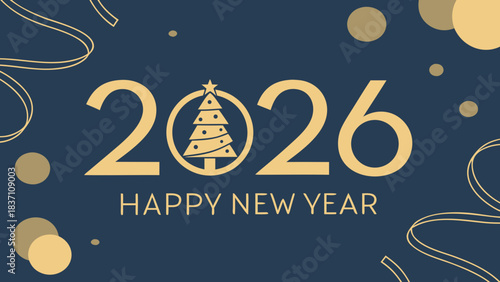Festive New Year greeting card featuring bold gold "2026" text on dark blue background, with a stylized Christmas tree inside the zero. Decorative swirls and circles enhance the celebratory theme.