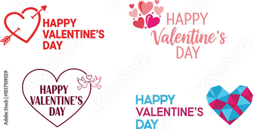 Vector logo badge set for happy valentine's day featuring cupid arrow hearts dove and modern geometric polygon design styles.