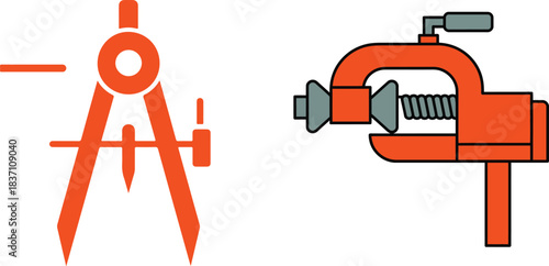 Drafting compass and workshop vise illustration