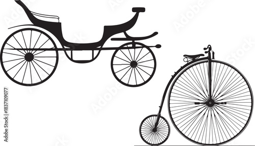 Vintage transportation horse carriage and penny farthing bicycle