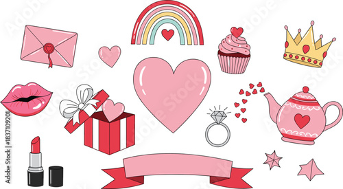 Pink valentine day vector set featuring lipstick crown open gift box and rainbow heart for romantic holiday projects.