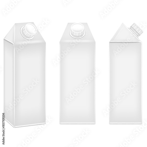 Blank white carton containers realistic packaging set mockup 3d vector with plastic screw cap for milk, juice, or other liquid beverage and food products box, from various angles.