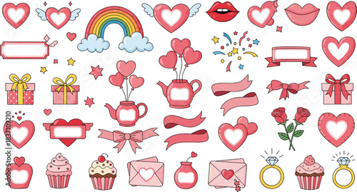 Vibrant cartoon valentine day illustration collection with hearts, gifts, cupcakes, rainbows, and engagement rings for romantic holiday design projects.