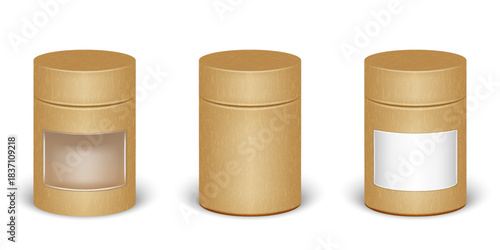 Realistic kraft brown paper cylindrical tube packaging containers set 3d vector mockup isolated on white with blank label, without label and with transparent window for tea, coffee or cosmetic product