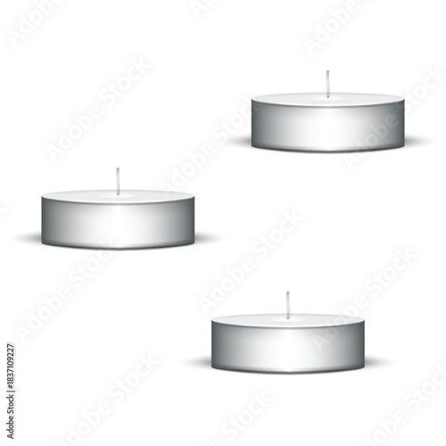 Three metallic round tealight candles set realistic 3d vector illustration isolated on a white background, symbolizing cozy atmosphere, relaxation, and aromatherapy product mockup.