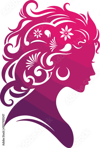 Beautiful decorative woman's side profile silhouette with elaborate swirling floral hairstyle, featuring a modern, vibrant pink and purple gradient vector illustration.