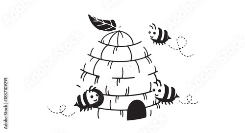 Whimsical handdrawn beehive with buzzing bees in a sunny garden scene.