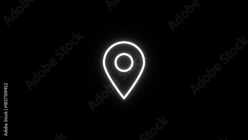 Simple white neon map pin icon glowing brightly against a stark black background representing location and navigation concepts