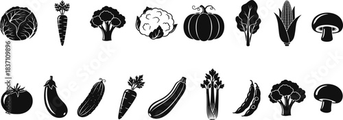 Set of Fresh, Healthy, and Organic Vegetable Silhouette Icons, Including Cabbage, Carrots, Broccoli, and More, for Nutrition, Diet, and Agriculture Design