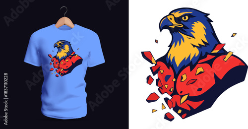Highly dynamic t-shirt vector illustration of a powerful eagle bursting through a shattered surface, featuring sharp angular fragments flying outward, bold red and yellow feather tones, intense