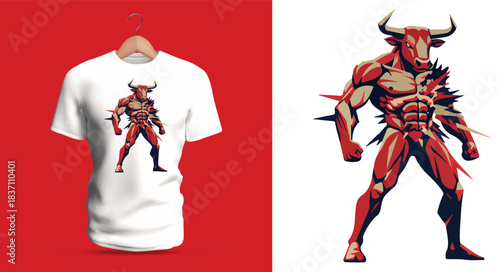 Highly detailed t-shirt vector illustration of a red-skinned minotaur warrior standing in an aggressive battle stance, featuring exaggerated muscular anatomy, long pointed horns, sharp angular armor