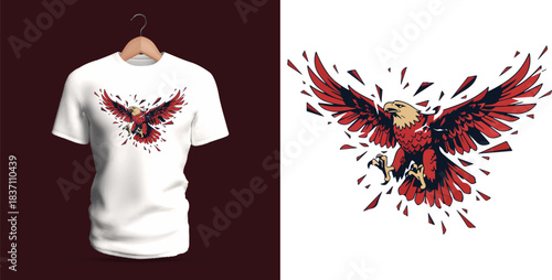 Expressive t-shirt vector illustration of a soaring eagle bursting into angular red and black shards, featuring detailed feather textures, wide-spread wings, sharp talons, intense downward gaze