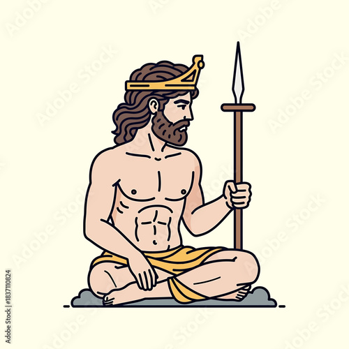 A cartoon illustration of a bearded man with long hair wearing a golden crown, sitting cross-legged and holding a spear, depicted in a mythological style.
