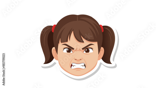 Close-up Potrait of a Young Girl with Brown Pigtails Showing an Angry Expression with Gritted Teeth and Furrowed Eyebrows on a Black Background