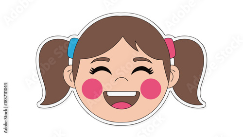 Close up vector cartoon illustration of a happy young girl with brown hair in pigtails with blue and pink hair ties smiling with rosy cheeks and white teeth against a black background