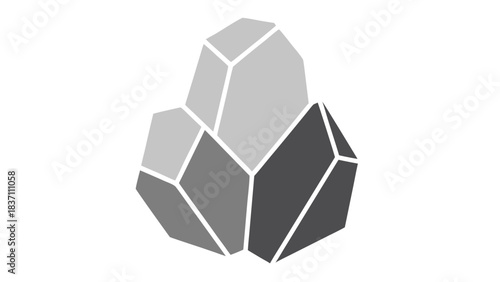 Cluster of Geometric Gray Crystals on Black Background with Sharp Edges and Facets Showing Light and Shadow with a Textured Surface