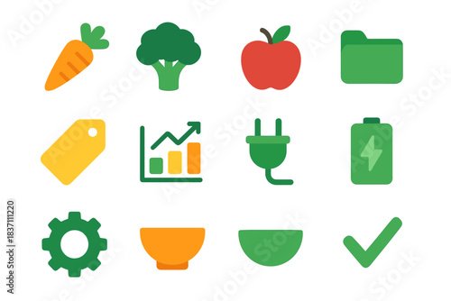 Healthy vector chart battery carrot gear broccoli icons checkmark minimalist plug icon
