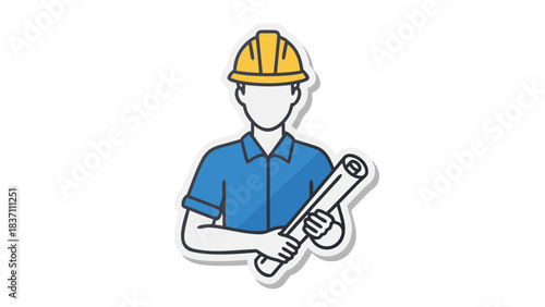 Construction worker holding blueprints wearing yellow hard hat and blue shirt in a flat design illustration style with a white outline on a transparent background