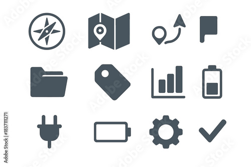 Travel vector set map folded plug gear rose compass battery icon navigation