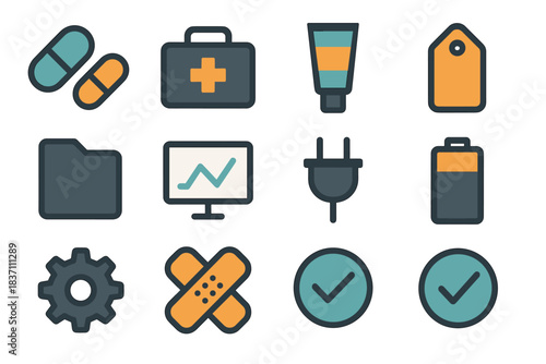 Pills minimal tube vector ointment chart battery plug medicine home icon bandage