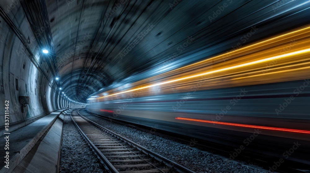 Naklejka premium A train moves quickly through a dark tunnel. The bright lights reflect on the tunnel walls. The curved tracks guide the train forward as it travels to its destination.