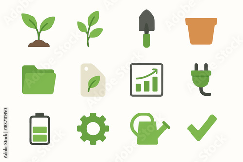 Vector sprout set icon leafy folder can garden shovel fresh watering pot