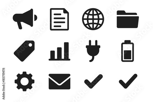 Press battery release icons paper chart tag icon vector megaphone globe envelope