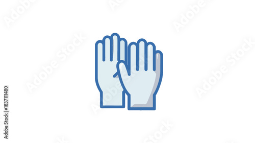 A clean and modern illustration of a pair of white gloves, designed in a flat style with a blue outline. Ideal for medical, hygiene, or safety related projects.	