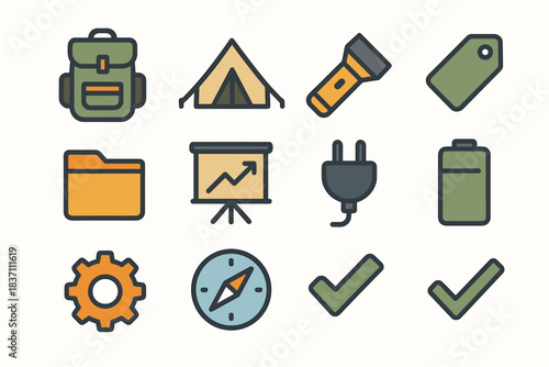 Backpack vector gear compass tent flashlight plug icon icons tag checkmark camping