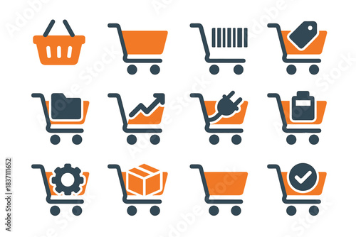 Handle checkmark battery plug cart box tag icons product icon shopping vector