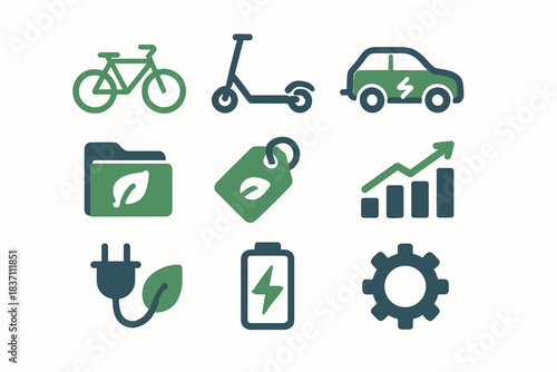Bicycle icons battery vector checkmark eco scooter transport icon gear leaf folder