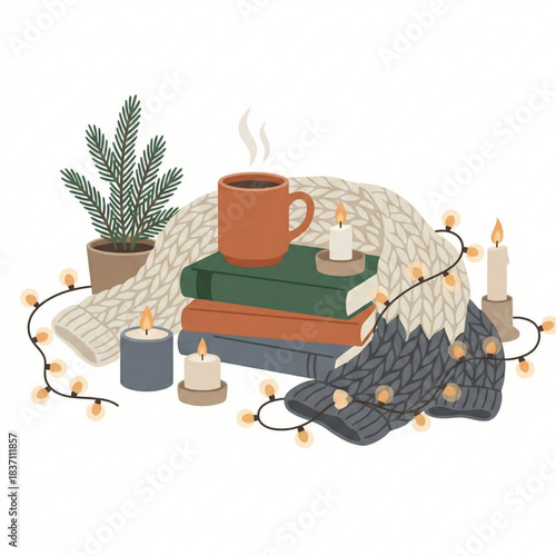 Cozy winter reading scene featuring steaming coffee, warm knit textures, stacked books, and twinkling fairy lights creates hygge comfort