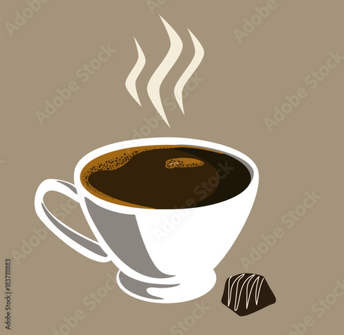 Isolated white cup of black coffee with steam and chocolate sweet.