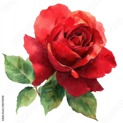 Watercolor depiction of a vibrant, full red rose blossom with accompanying green leaves, isolated on a white background