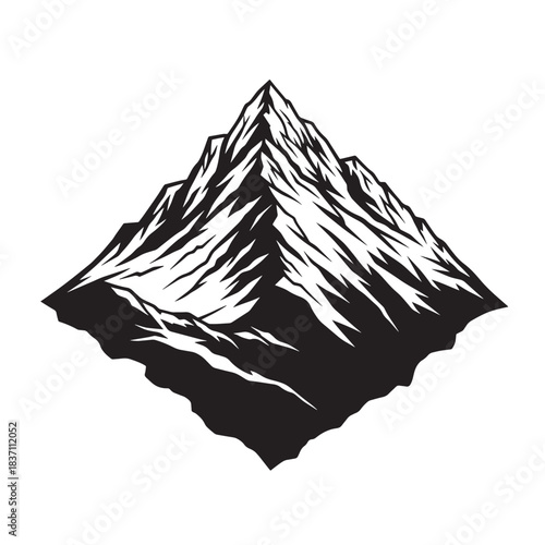 Monochrome Mountain Peak Rising Dramatically Against White Sky in Silhouette.