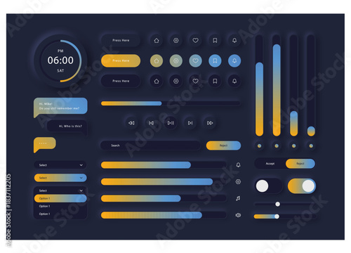 Modern ui ux design elements with colorful futuristic icons and interface elements on a gradient blue background.
Futuristic digital interface elements including glowing icons touchscreens and gauges.