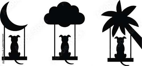 Whimsical Dog Silhouette Swinging Under Palm Tree and Moon Vector