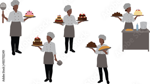 Pastry chefs presenting cakes and baked goods, professional bakery staff displaying desserts, culinary team holding pastries and bread for food industry use