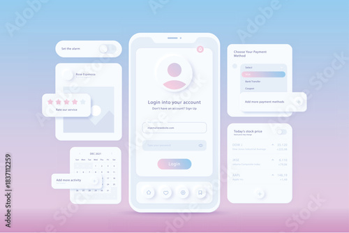 Modern ui ux design elements with colorful futuristic icons and interface elements on a gradient blue background.
Futuristic digital interface elements including glowing icons touchscreens and gauges.
