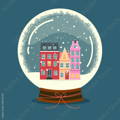 Cozy Winter Village Snow Globe Illustration