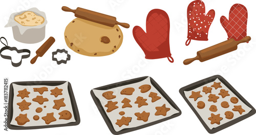 Cookie baking illustrations, dough rolling, oven mitts, cookie cutters, baking trays with cookies, holiday baking elements, vector kitchen dessert set