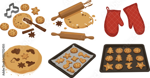 Cookie baking illustrations, rolling pin dough, oven mitts, Christmas cookies tray, festive holiday baking elements, shaped cookie cutters, vector set