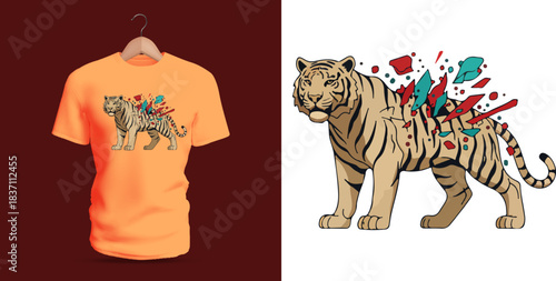Highly detailed t-shirt vector illustration of a walking tiger with realistic beige and brown fur tones, dramatically pierced by multiple colorful crystal-like shards bursting from its body