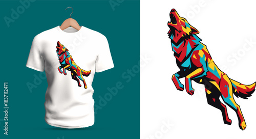 Vibrant t-shirt vector illustration of a howling wolf constructed from layered multicolored geometric shapes, featuring bold red, yellow, turquoise, and blue segments forming the body, angular shards
